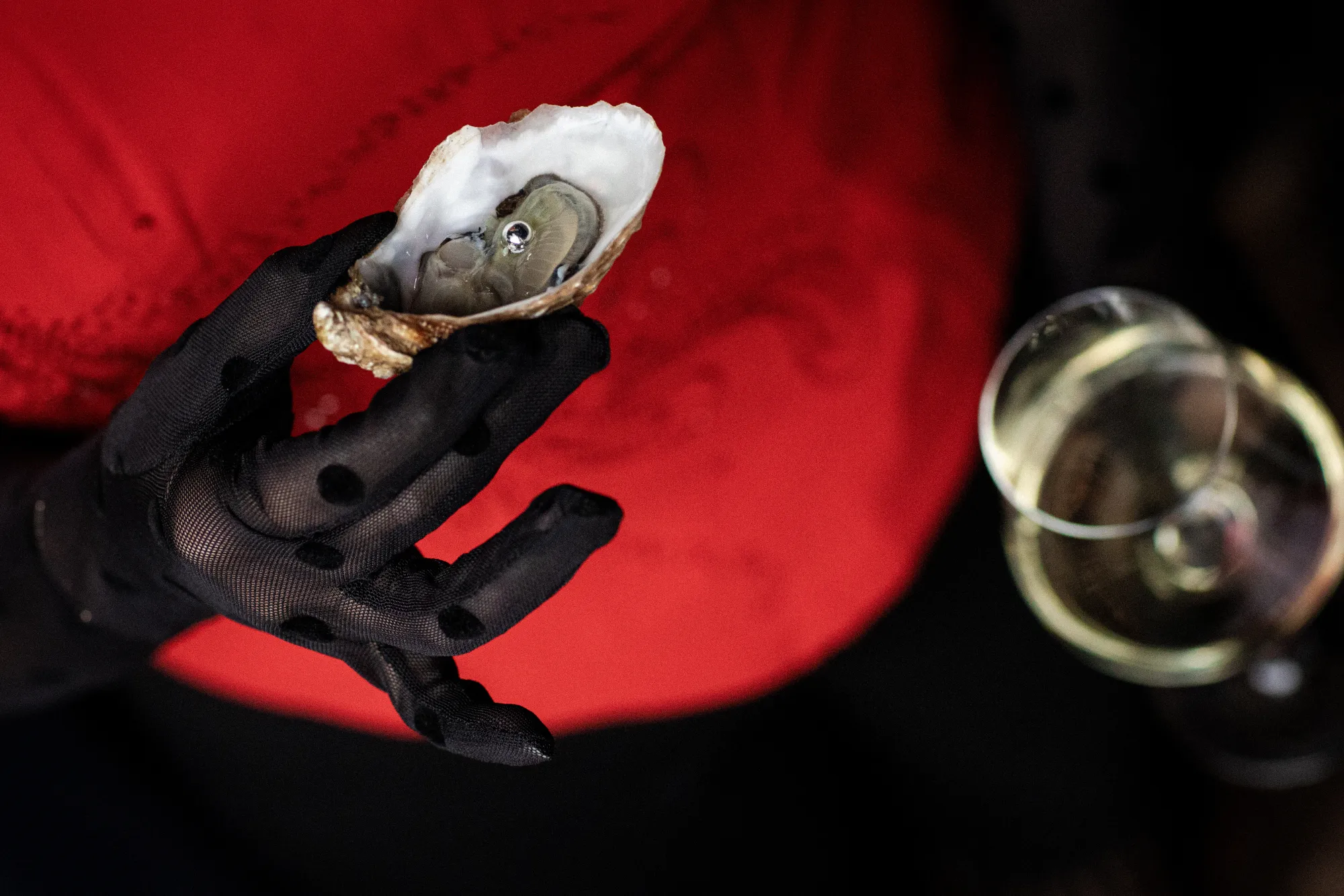 Oester met glas bubbels tijdens het kerstdiner bij De Matroos en het Meisje in Katendrecht, Rotterdam